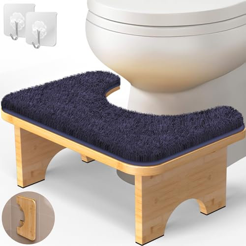 Vatex Bambus-Toilettenhocker, 17,8 cm, faltbarer Töpfchenkot-Badezimmerhocker mit extra weichem Mikrofaser-Teppich und Haken, rutschfester WC-Hilfe-Tritthocker für Erwachsene, verbessert die