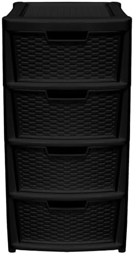 Black 4 Drawer Plastic Storage Tower Organiser - Lightweight Bedroom & Office Storage Cabinet with Rattan Texture - Drawers for Clothes Toys & Supplies