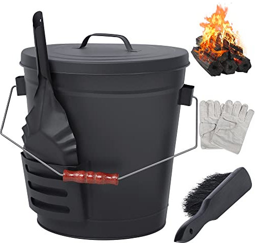 NATURAL EXPRESSIONS Kamin-Ascheeimer mit Deckel, 1,5 l Kohleimer mit Schaufel, Handbesen und Handschuhen, Metalleimer, Eimer für Pellets, Holzkohle, Holzfeuerstellen