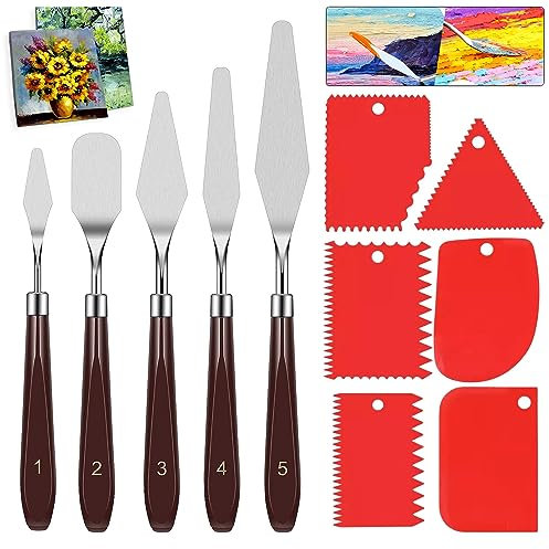 Leafs Juego de Espátula para Pintura al óleo 5 Piezas Espatulas Pintura Acero Inoxidable Cuchillo de Pintura con 6 Raspador de Plástico para La Pintura de Arte Artesanal