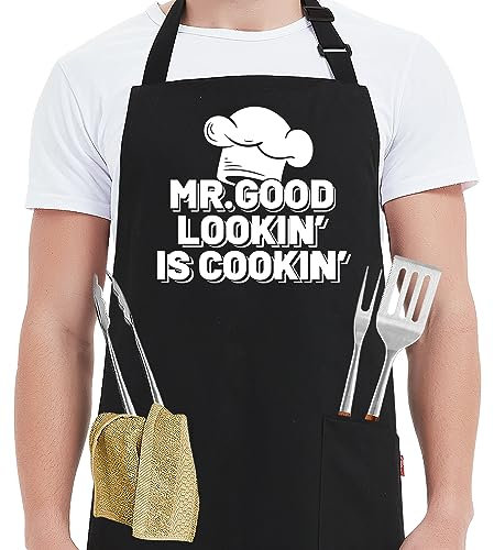 Kaidouma Lustige Kochschürzen für Männer – Mr.Good Lookin' is Cookin' – lustige Küchenschürze für Herren, zum Kochen, Grillen, Grillen, Grillen, Grillen, Grillen, Grillen, Grillen, Grillschürzen mit 2