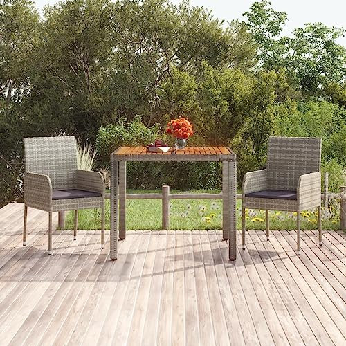 prissent 90x90x75 cm Gartentisch mit Holzplatte Poly Rattan Grau Balkontisch Polyrattan Tisch Esstisch Outdoor-Tisch Garten Beistelltisch Loungetisch Outdoor für Garten Terrasse Eleganter Stil