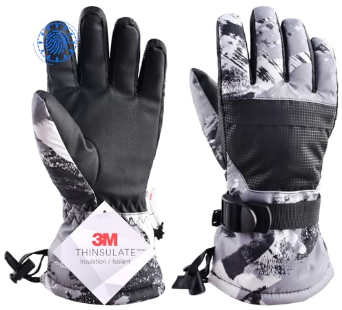 TRIWONDER Guanti da Sci Invernali per Bambini, Impermeabili, Touchscreen, per Freddo Intenso, per Ragazzi e Ragazze, Snowboard, Sci, Sport (#02 Grigio (Touch screen), 7-9 anni, XS)