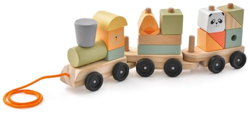 COSTWAY Trenino in Legno, Trenino Giocattolo a 3 Sezioni con Blocchi Impilabili, Corda di Traino, Design a Gancio, Trenino Giocattolo Educativo per Bambini 3 Anni+