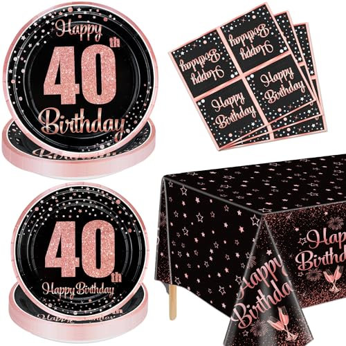 40th Black and Rose Gold Party Decorations for Women - 61 Pcs Plates, Napkins, 40th Tablecloth for Black and Rose Gold Birthday Supplies, Sever 20