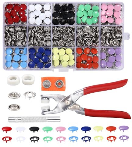 Muxiao 200 sets Druckknöpfe kit mit Zange,hohle und solide Metallknöpfe,9,5mm Jersey Druckknöpfe 10 Farben,Für Diy Basteln Baby Kinder Kinderbekleidung,Kleidung Taschen,Handgemaakt
