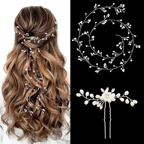 Eowppue Lot de 2 bandeaux de mariée et vigne, accessoires de cheveux de mariage à motif floral argenté pour femmes assistant à des occasions spéciales