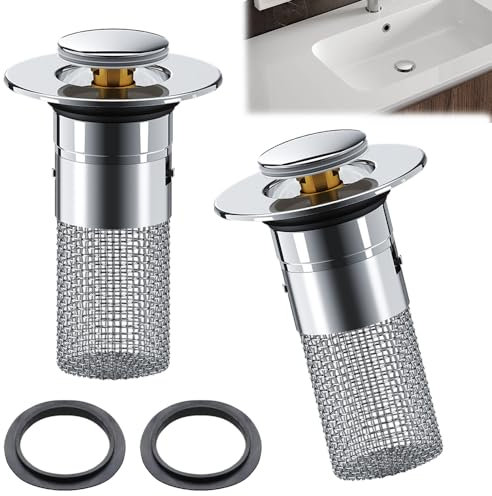 MININUSI 2 Pezzi Tappo per Lavabo,Click Clack Tappo Copripiletta per Bidet per Lavab,Tappo Scarico per Lavabo,Tappo per Lavabo con Filtro,Pulsante per Lavabo da 34-40 mm,Bidet Lavabo Vasca da Bagno