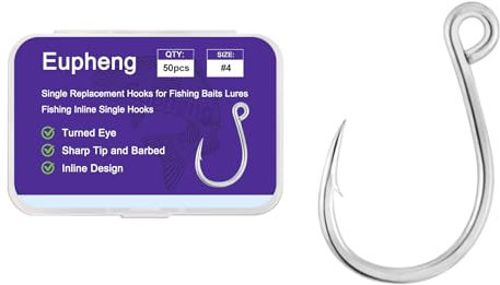 Eupheng Inline Single Replacement Hooks for Lures, Baits and Plugs, High Carbon Steel – Ideal for Saltwater and Freshwater Fishing in Various Sizes 6-3/0 (50pcs, 4)