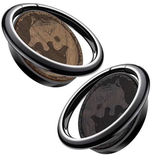 Carveit Anneau de Support pour téléphone Portable réglable à 360° - Anneau Universel en Métal pour Tous Les, Métal en Bois Anneau Support, Noir-Bois Sombre+Noyer/Loup dans Le Style [2 Pièces ]