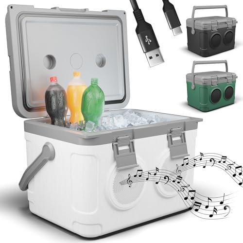 TOM 3in1 Kühlbox 21l zum Kühlen, Warmhalten und Musik hören – mit Bluetooth Lautsprecher – Kühlen – Mobile Kühlbox – für Auto, Camping, Wohnwagen & Co. (Weiß)