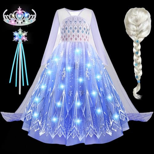 LED Leuchtend Prinzessin Kleid Mädchen Eiskönigin Elsa Kostüm mit Perücke Krone Zauberstab Prinzessin Verkleidung Geburtstag Weihnachten Fasching Karneval Halloween Kostüm für Kinder (120, 5-6 Jahre)