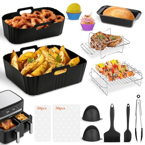 WIAZZLUK Dual Air Fryer Accessoires Pour Moulinex EZ9018 5,2/3,1 L, Ensemble de 17 Pièces pour Philips Airfryer Série 3000/Tefal Easy Fry, avec 2 Plaques à Pâtisserie en Silicone, Grilles de Cuisson