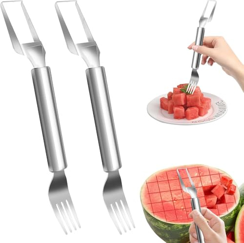 Funklu 2 Pcs Cortador de Frutas 2 en 1 de Acero Inoxidable, Cortadora con Tenedor para Sandía, Herramienta de Corte de Sandía de Doble Cabezal para Cocina para Fiestas en Casa Camping