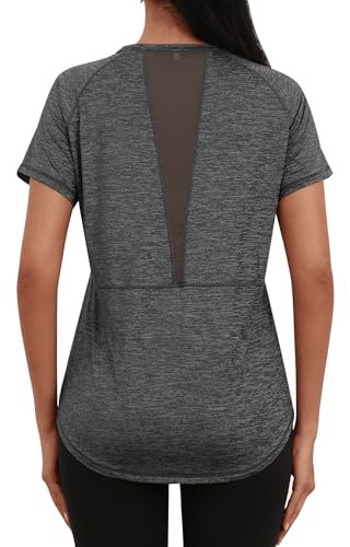 Gyabnw Ladies Sports Top Gym Shirts Short Sleeve Casual Workout Yoga Running Top Crew Neck Back Mesh Fitness Athletic Tee Shirts Dark Grey