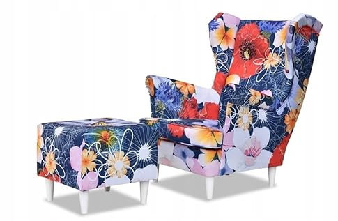 Lounge Sessel mit Fußstütze - Klassische Ohrensessel mit Armlehnen, Retro Stuhl aus Stoff mit Holz Füßen, Polsterstuhl für Esszimmer & Wohnzimmer, Stoff Velour große florale Muster GARDEN