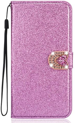 Glitter Wallet compatible with iPhone 8 Plus Case Bling Diamond Case compatible with iPhone 8 Plus Purple Glitter PU Leather Cover Luxury Handmade 3D Love Diamond Buckle Stand Backcover Flip Case