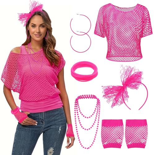 TYXHXTF Deguisement Annee 80 Femme, T-shirt Resille, Disco Vetement Fête Soirée, Accessoires De Costume Bandeau en Dentelle Boucles d'oreilles Colliers Bracelets Gants en Résille