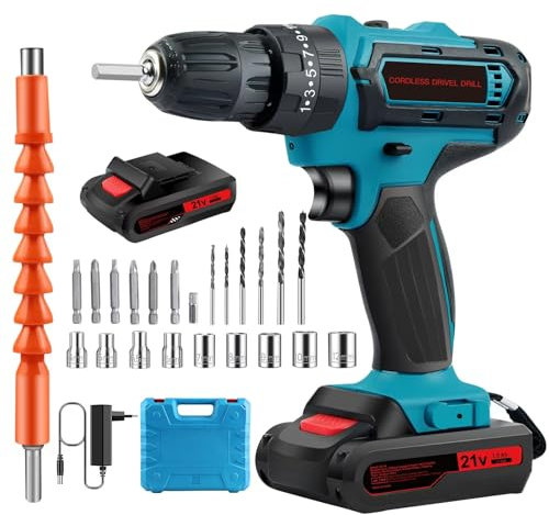 Trapano Avvitatore Batteria 21V, Trapano Avvitatore a Percussion, Trapano a Percussione Batteria Avvitatore Elettrico, 25+3 Coppie, 2 Velocità, 23CS Accessori, LED Luce per Casa Progetto, Fai da te