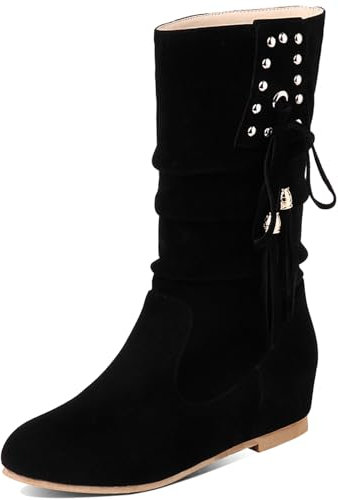 Asterisco Donna Zeppa Stivali a Metà Polpaccio Bowknot Tacco Medio Stivali Punta Rotonda Senza Chiusura Stivali Morbidi, B109860Df Nero/Lm Numero 33 EU/32Cn