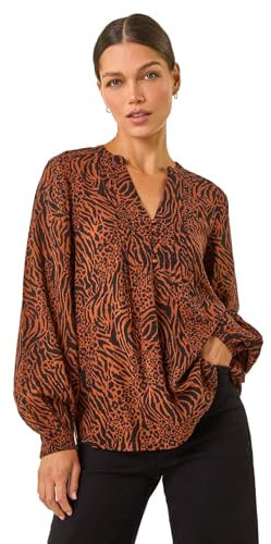 Roman Originals Pintuck Shirt for Women Ladies Jersey Blouse Collarless Top Flare Crinkle Notch Neck Tunic 3/4 Length Sleeve Longline Smart Casual Party Going Out - Rust Noir - Size 10