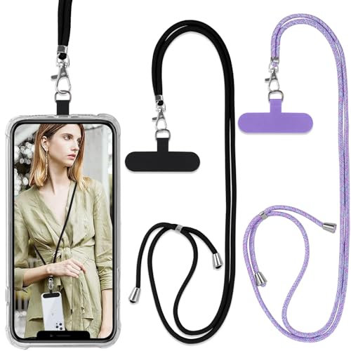 Vauki 2 Stück Universal handyband mit Pad, Handyband Mobile Phone Chain Lanyard with Adjustable Removable Schlüsselband Kette zum Umhängen with iPhone Samsung Xiaomi Most Smartphones, Schwarz+Violett