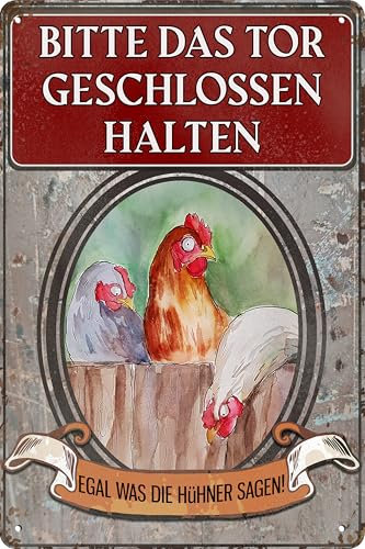 LUCKYLINDE - Wetterfestes 14 x 20 cm Blechschild – Hühner Schild – Hühnerstall Deko Schild, Huhn, Henne, Hahn, Bauernhof Schild (Hier wachen wir!)