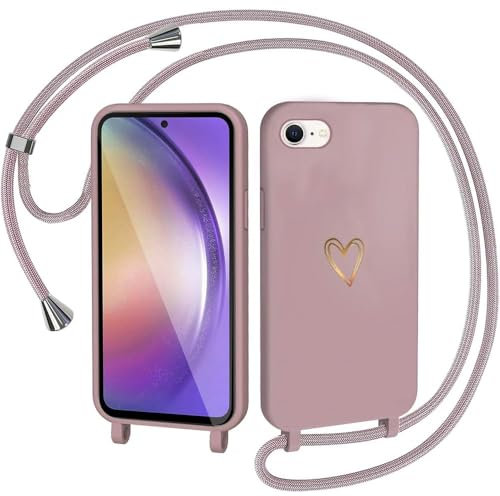 CaseLover Handyband kompatibel mit iPhone 16e Hülle mit Band, Herz Muster Silikon Necklace Handyhülle mit Abnehmbar Kordel zum Umhängen Stossfest Schutzhülle Case für iPhone 16e/SE 4 2025, Pink