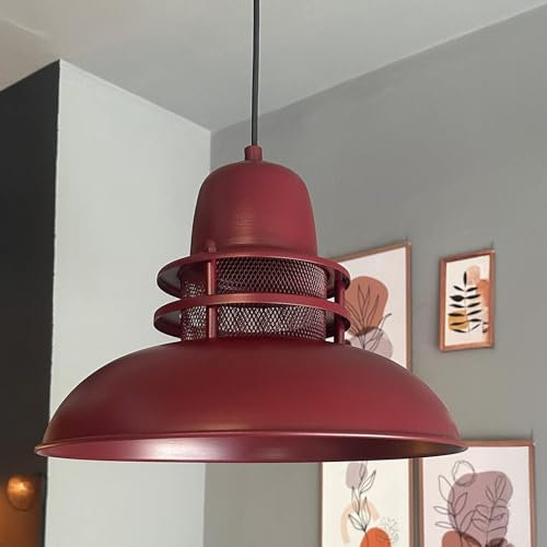 bamyum Hängelampe Industrial Vintage Ø34 cm, Küchenlampe Hängend Esstisch, Wohnzimmerlampe, Pendelleuchte Burgendrot Metall