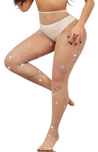 Huybaa Medias de Red Mujer con Piedras Brillantes, Panty de Malla Talle Alto Sexy Elegante para Fiesta