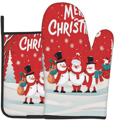 Merry Xmas -Print Heat Resistant Oven Mitt & Pot Holder With Hanging Loop | Kitchen Safety Gloves | Accessories Set
