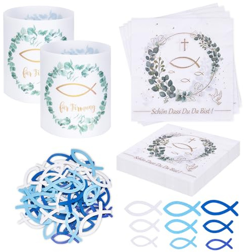 20 Stück Servietten Eukalyptus mit Schön Dass Du Da Bist + 12 Stück Windlicht Tischdeko mit 54 Stück Holzfisch-Dekorationen, Grün Tischdekoration für Taufe, Konfirmation, Hochzeit, Geburtstag