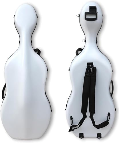 Custodia rigida per violoncello con ruote, in materiale composito ABS resistente, impermeabile, manico incorporato, cinghie posteriori per una maggiore stabilità, dimensioni standard, bianco