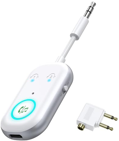 Ankilo Bluetooth 5.3 Transmitter Receiver, 2-in-1 Airplane Adapter White | with 2 AirPods or Wireless Headphones, Mic for Calls, 3.5mm AUX Jack, 16H Playtime, for Plane, TV, Home Stereo, Car