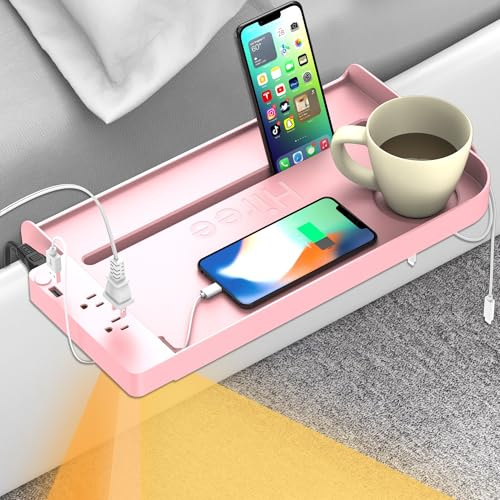 Hiree Bedside Shelf for Dorm Bunk Bed with USB Charging Port and 2 AC Outlets, Bed Side Table Tray Organizer, College Dorm Essential Clip On Bedside Tray, Loft Nightstand Decor, Plus Size, Pink