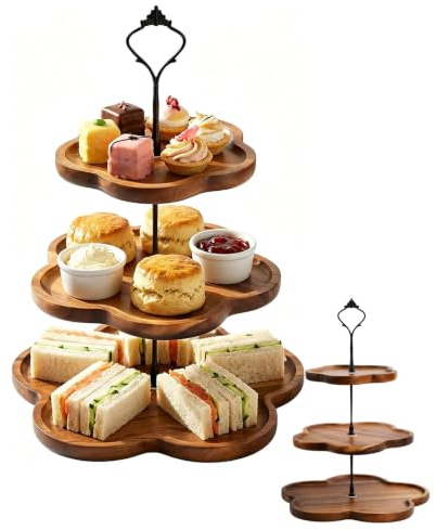 Astralong Etagere 3 Etagen Holz, Tortenständer 3 Stöckig, Cupcake Ständer mit Metallgriff, Kuchenständer, Servierständer für Dessert Obst Geburtstag Nachmittagstee Party Hochzeit (A)