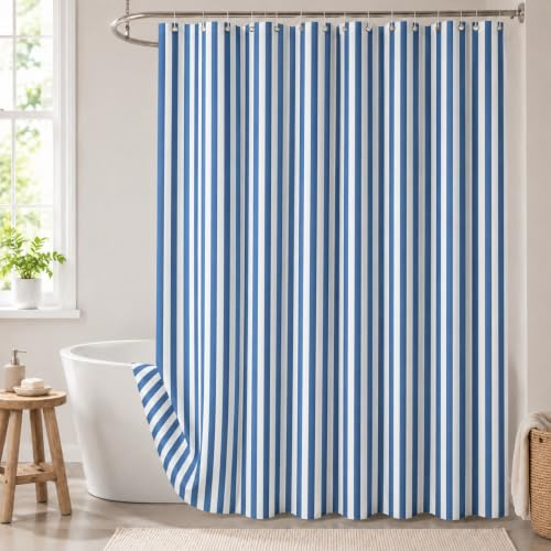 Hopomoon Duschvorhang 180x200 cm Blau Weiß Gestreift, Anti-Schimmel Wasserdicht Polyester Textil Badvorhang für Badewanne & Dusche, Stoff Vorhang Blickdicht Waschbar, 12 Ringe
