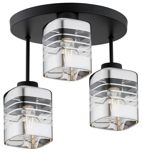 KAR LIGHTING Runde Deckenlampe 3-flammig Schwarz – höhenverstellbare Loft Deckenleuchte aus Metall mit Glas und Silber – E27 Lampe für Wohnzimmer, Esszimmer, Küche oder Büro