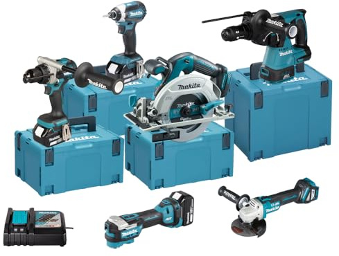 SET DHP492 + DTD153 + DHR243 + DGA513 + DHS680 + DTM52 + 3x BL1850 18V 5Ah + 1x DC18RC Makita DLX6139JX1