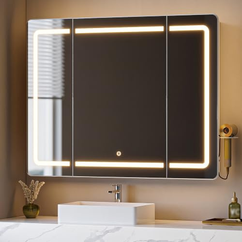 Hzuaneri Spiegelschrank Bad mit LED-Beleuchtung und verstell. Regale | Badezimmer Spiegelschrank, 3 Farbtemperatur Dimmbare, Badezimmerschrank mit Spiegel, 16,5 x 100 x 75 cm Weiß MC30303XEU
