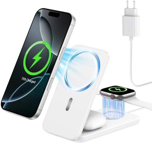 XNYAND Caricatore Wireless 3 in 1 Magnetico, Stazione di Ricarica Apple | Compatibile MagSafe per iPhone 17/16/15/14/13/12, Apple Watch e AirPod, pieghevole, ideale per casa, ufficio e viaggio