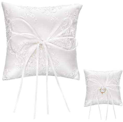 SULIKJHUI Ringkissen Hochzeit Ringhalter Kissen, 15 cm x 14 cm Ringkästchen | Satinband, Heirat Paar Ring Halter Hochzeit Accessoires, perfektes Hochzeitsaccessoire für Eheringe und Antrag