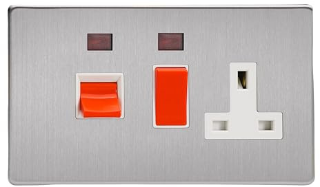 Varilight Cooker Switch With Switched Socket Outlet With Neon - Screwless Brushed Steel With White/Red Insert, XDS45PNWS