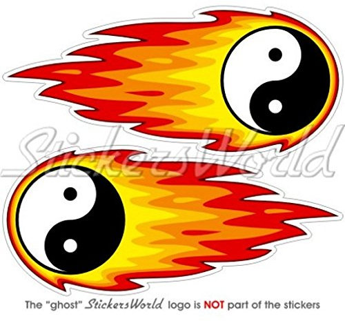 YIN YANG Flaming Fireball Fire 12,7 cm (125 mm) Bumper Sticker, Aufkleber Vinyl X 2