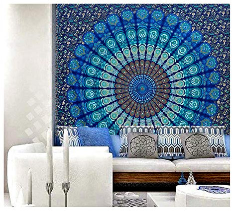 raajsee Indian Cotton Blue Tapestry Mandala Wall Hangings, Boho Throw Bohemian Bedding Queen Bedspread 140X210 CMS