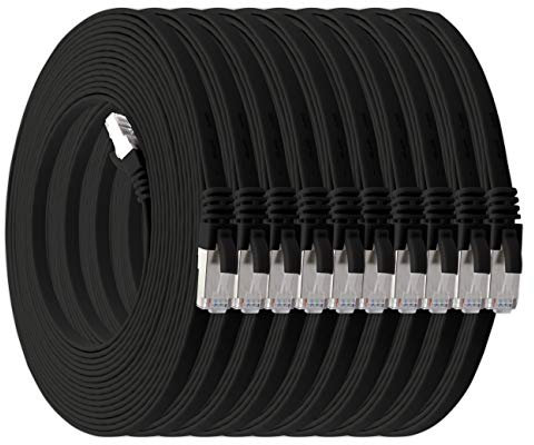 0,25m - schwarz - 10 Stück Cat7 Flachkabel Netzwerkkabel Cat 7 Rohkabel Gigabit Lan (10Gbit/s) Flachbandkabel Verlegekabel Patchkabel Flach Slim Rj 45 Stecker Cat6a