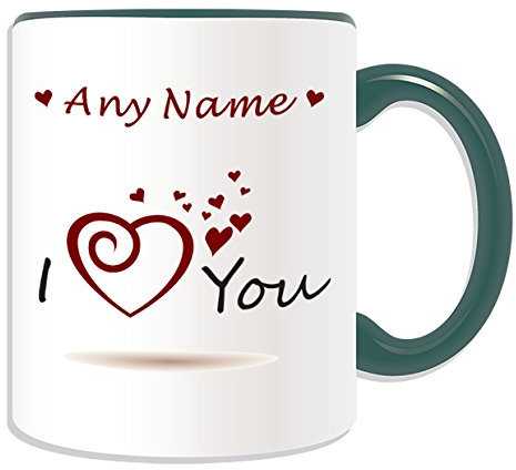 Tasse mit englischer Aufschrift I Love (Herz) You, romantisches Design, Farboptionen, jede Nachricht / jeden Namen auf einer einzigartigen Tasse, für Pärchen, personalisiertes Geschenk, keramik, Grün