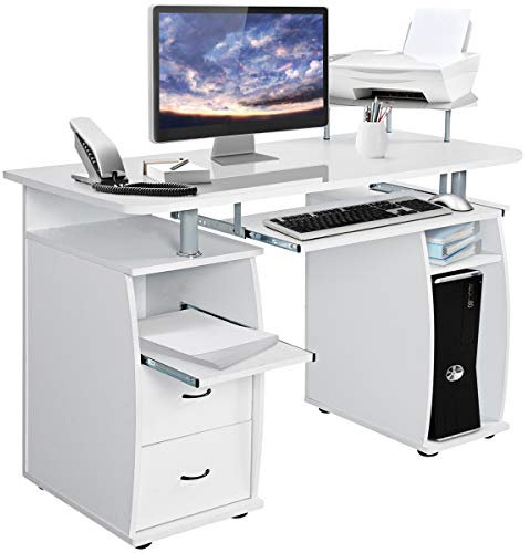 COSTWAY Computertisch mit Schubladen, Tastaturauszug, Druckerablage und CPU-Ständer, Schreibtisch mit Stauraum, Bürotisch, Arbeitstisch, PC-Tisch für Büro, Zuhause, 120 x 55 x 76 cm (Weiß)