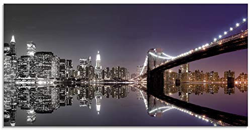 ARTland Wanddeko Glasbilder Wandbild Glas Bild einteilig 100x50 cm Querformat USA New York Skyline Nacht Städte Amerika Hudson River Reflektion S6FD