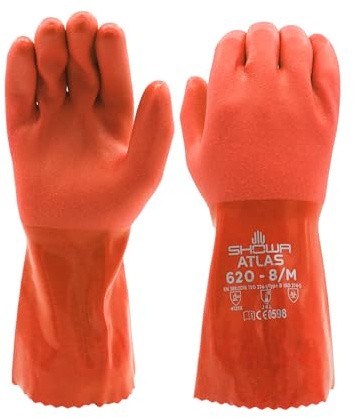 SHOWA Atlas 620 Double-Dipped PVC Chemical Resistant Gloves, Rough Finish Grip, Seamless Cotton Liner, 12 Length, Blue, Large, 1 Pair
